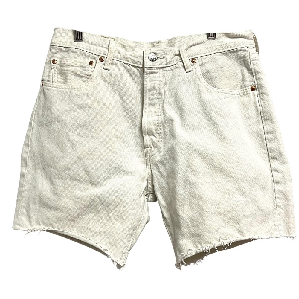 Levis Premium 501 Original Cut Off Denim Shorts Mens W34 Off White Button Fly
